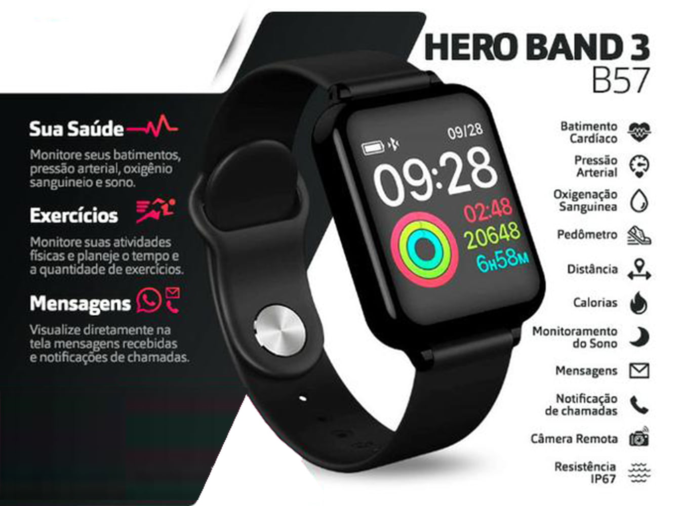 Encontre Relógio Smartwatch B57 Hero Band 3 Recebe Msg Whats C/ Monitor  Cardíaco - 01Esporte - Artigos Esportivos